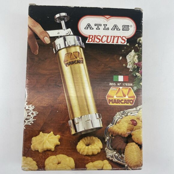 Marcato Atlas Cookie Press Gold Metal Italy 16 Discs 4 Tips Instructions Recipes - Picture 3 of 10
